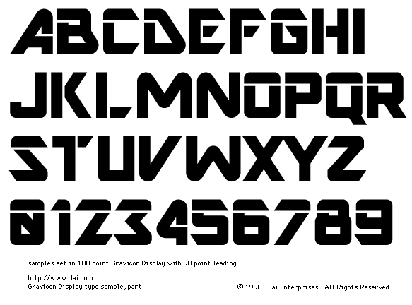 Gravicon Display Character Set.  Letters A through Z (uppercase), numbers 0 through 9.  Sample text was set in 100 point Gravicon Display, with 90 point leading.