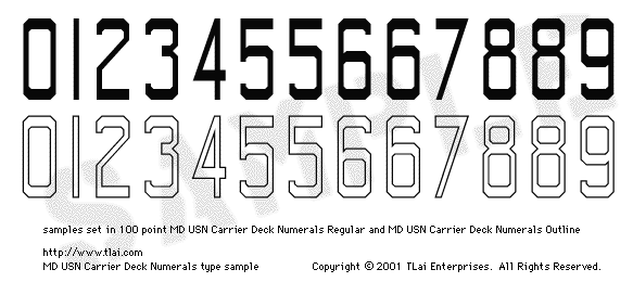 MD USN Carrier Deck Numerals Character Sets.  Numbers 0 through 9, with alternate 5s, 6s, and 8s.  Sample text was set in both Regular and Outline versions at 100 points