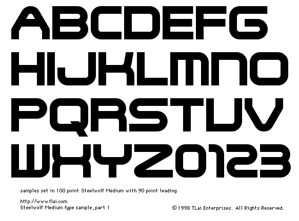Steelwolf Medium Character Set.  Letters A through Z (uppercase), numbers 0 through 3.  Sample text was set in 100 point Steelwolf Medium, with 90 point leading.
